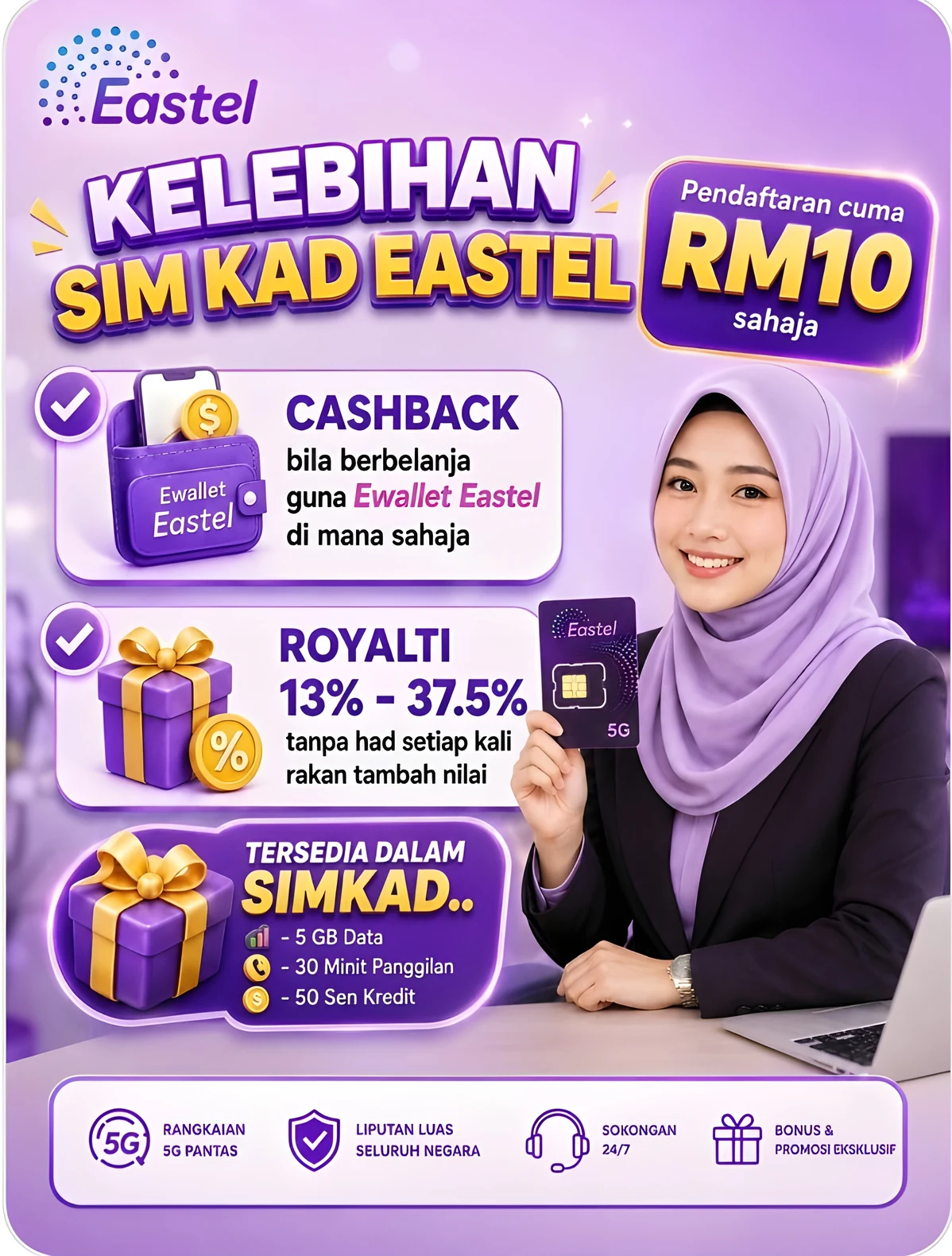 Poster: Kelebihan Sim Kad Eastel, pendaftaran cuma RM10